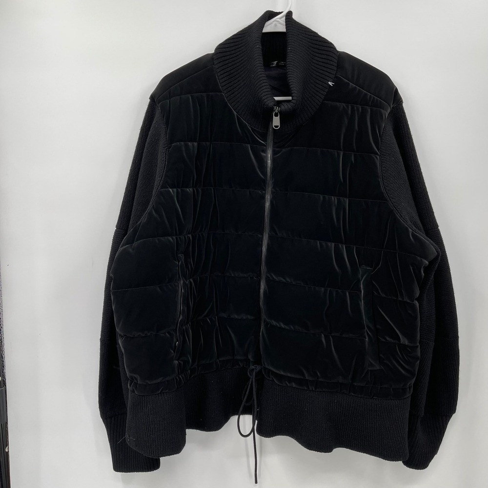 Athleta Black Velvet Puffer Quilted Knit Sleeve‎ Bomber Jacket Full Zip W 3X